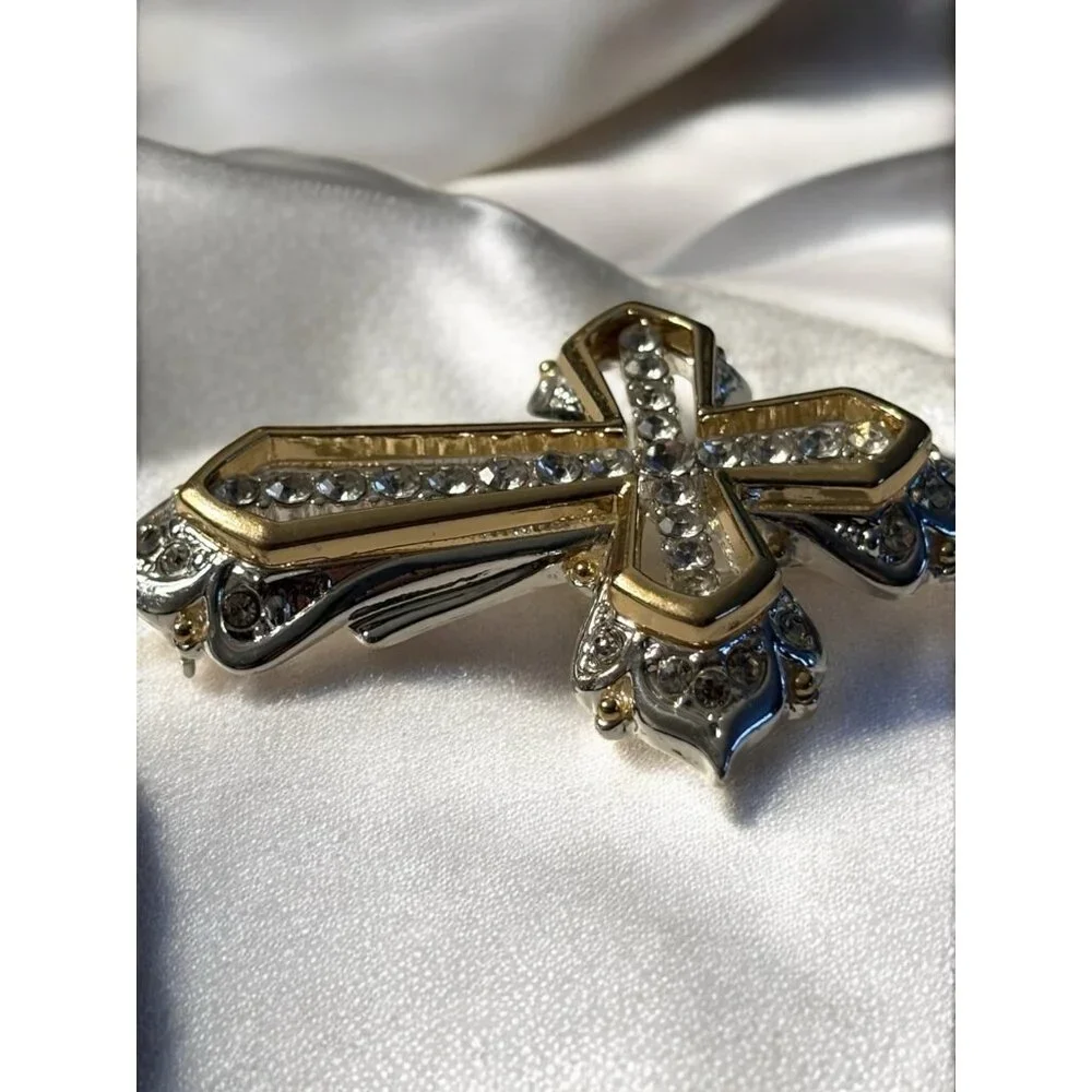 Napier Cross Brooch Pin Gold & Silver Tone Clear Rhinestones Open Work Religious